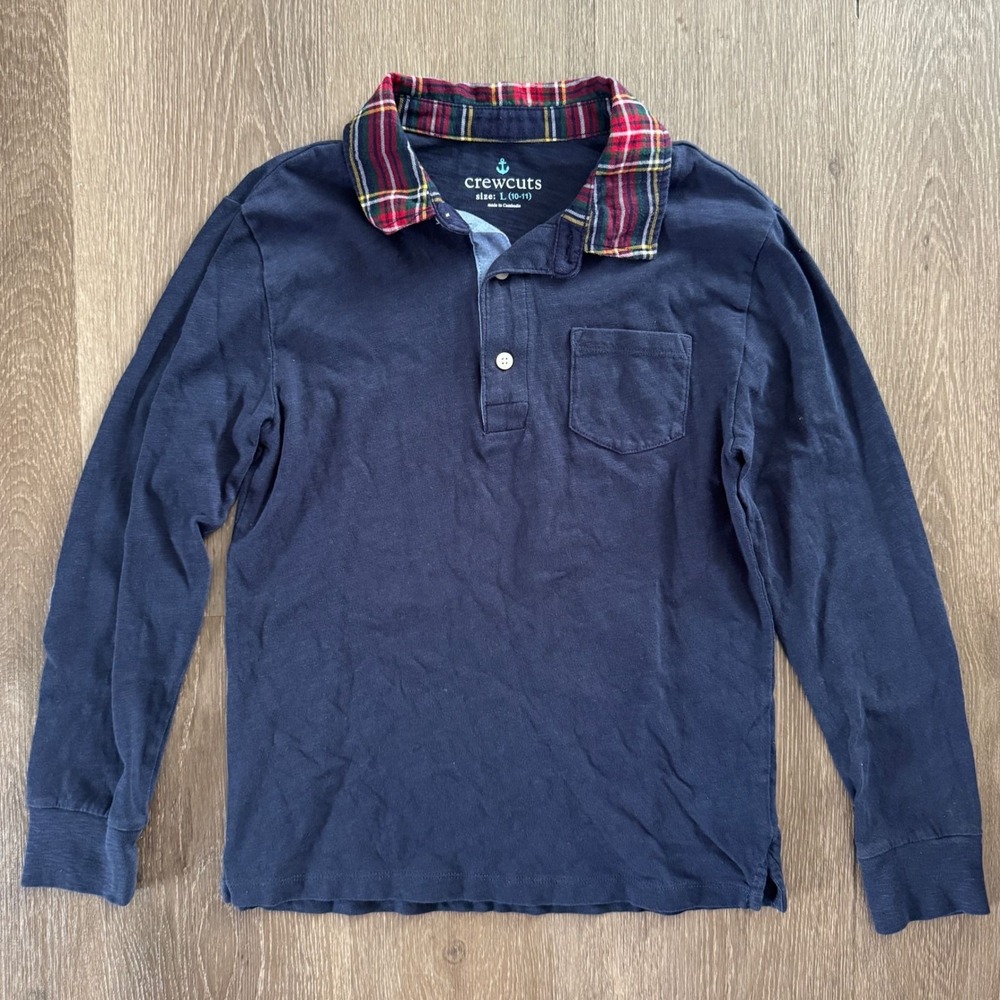 Crewcuts Shirt Boys L 10-11 Navy Blue Plaid Collar Elbow Patches Long Sleeve